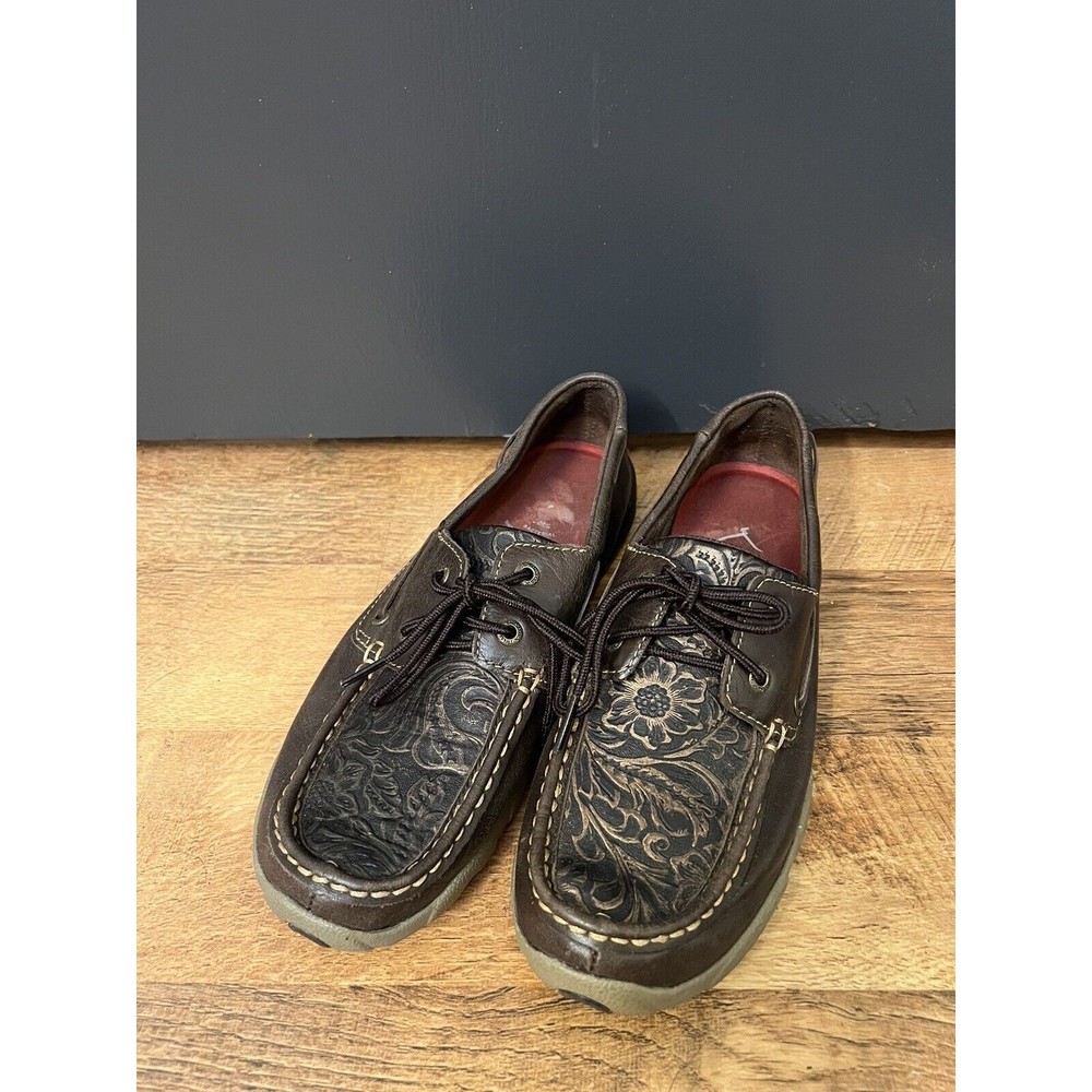 Twisted X Womens Size 8 Floral Tooled Driving Shoes Moc WDM0070 Brown Embossed